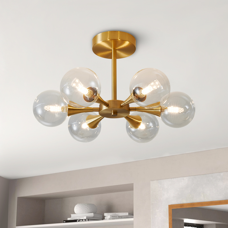 Brass Modern Mid-Century Clear Glass Shade Chandelier Ceiling Light with 6-Light For Bedroom/Hallway/Bathroom