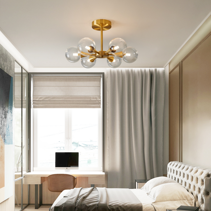 Brass Modern Mid-Century Clear Glass Shade Chandelier Ceiling Light with 6-Light For Bedroom/Hallway/Bathroom