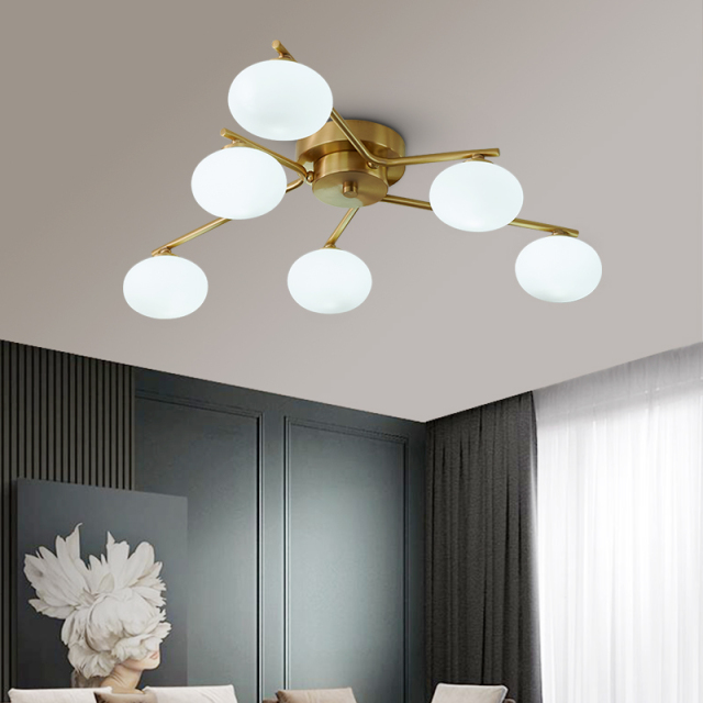 Contemporary Glam 6-Light Flush Mount Ceiling Light Fixture with Milk Glass Globes