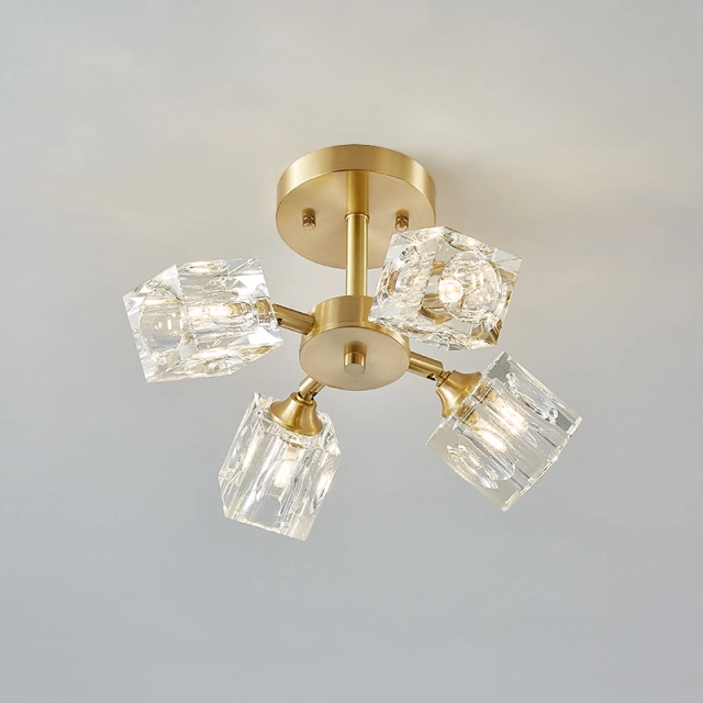 4-Light Luxury Square Crystal Shade Mid-century Flush Mount Ceiling Light