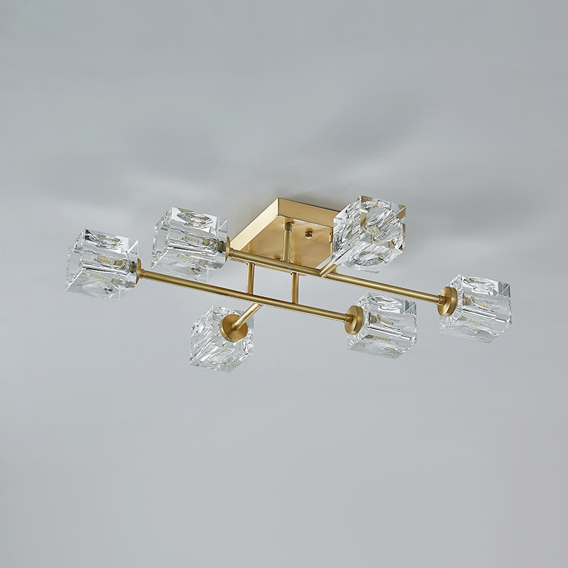 Mid-century Square Crystal Shade Sputnik Brass Flush Mount Ceiling Light