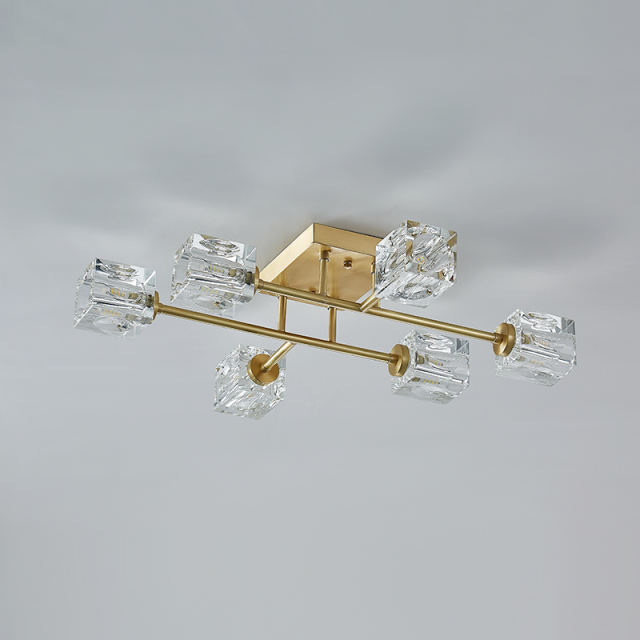 Mid-century Square Crystal Shade Sputnik Brass Flush Mount Ceiling Light