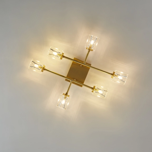 Mid-century Square Crystal Shade Sputnik Brass Flush Mount Ceiling Light