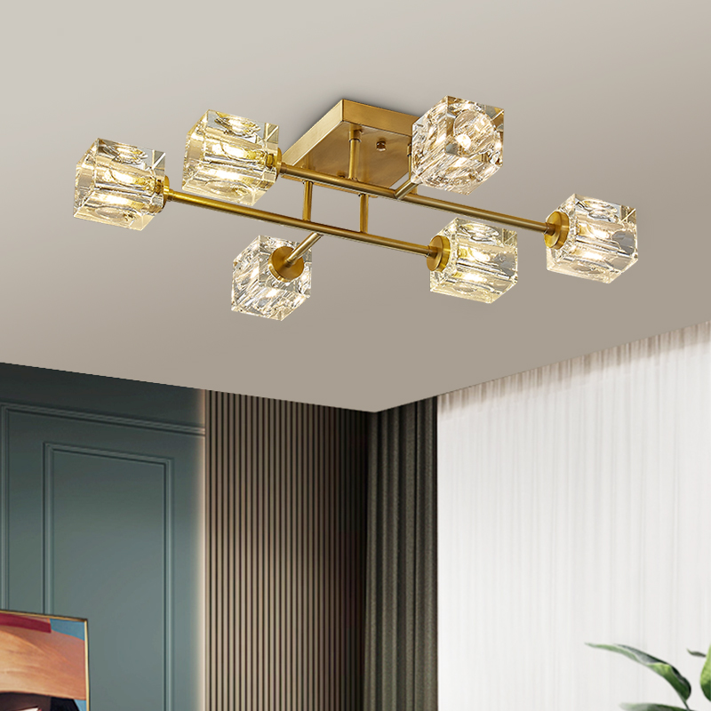 Mid-century Square Crystal Shade Sputnik Brass Flush Mount Ceiling Light