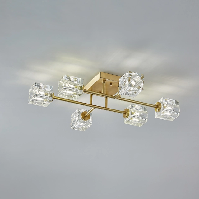 Mid-century Square Crystal Shade Sputnik Brass Flush Mount Ceiling Light