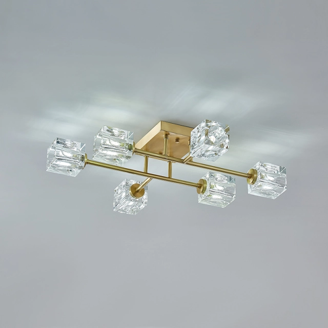 Mid-century Square Crystal Shade Sputnik Brass Flush Mount Ceiling Light