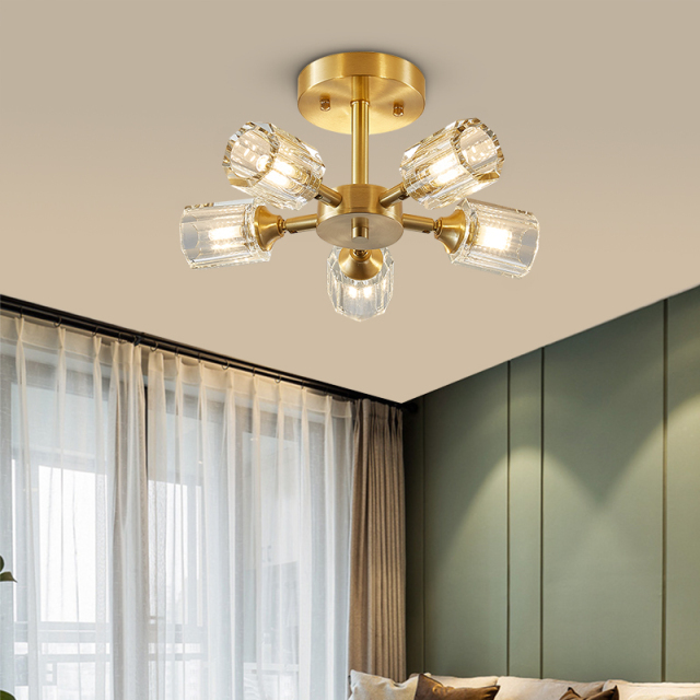 5-Light Mid-century Luxury Round Circular Crystal Shade Flush Mount Ceiling Light