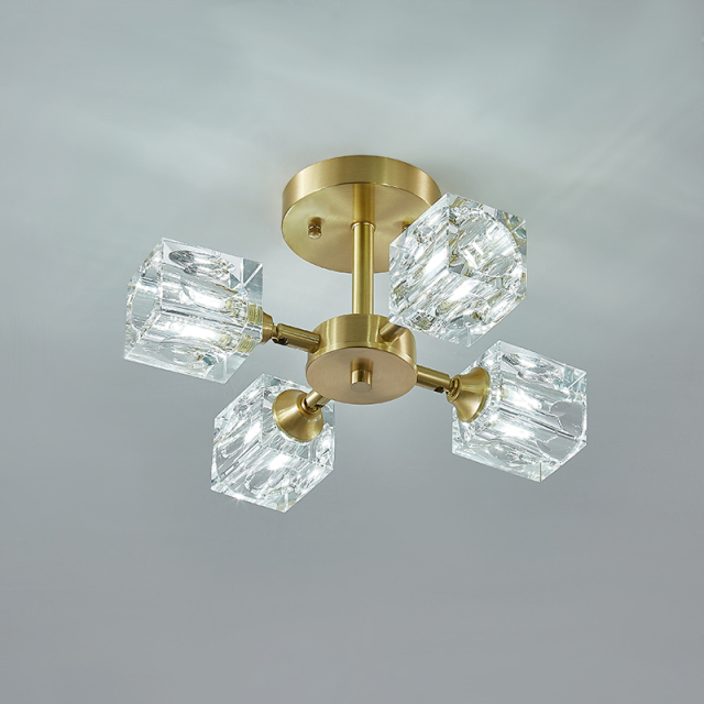 4-Light Luxury Square Crystal Shade Mid-century Flush Mount Ceiling Light