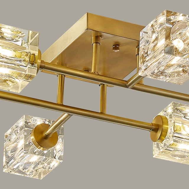 Mid-century Square Crystal Shade Sputnik Brass Flush Mount Ceiling Light