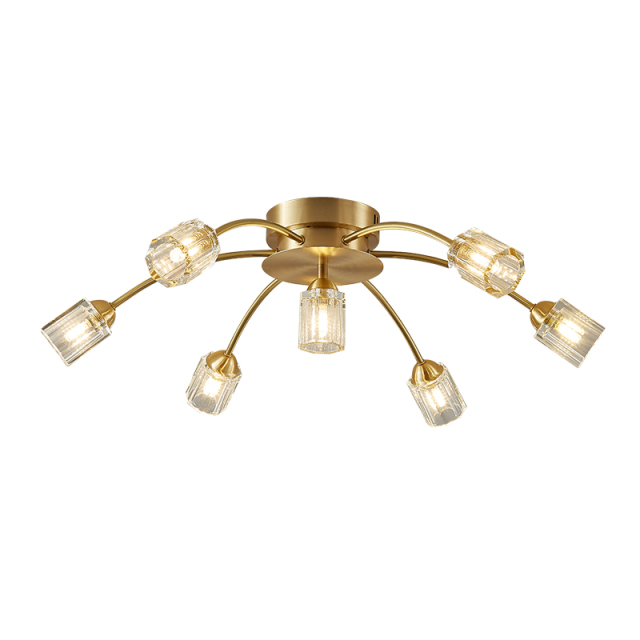 7-Light Modern Sputnik Brass Flush Mount Ceiling Light in Circle Round Crystal Shade