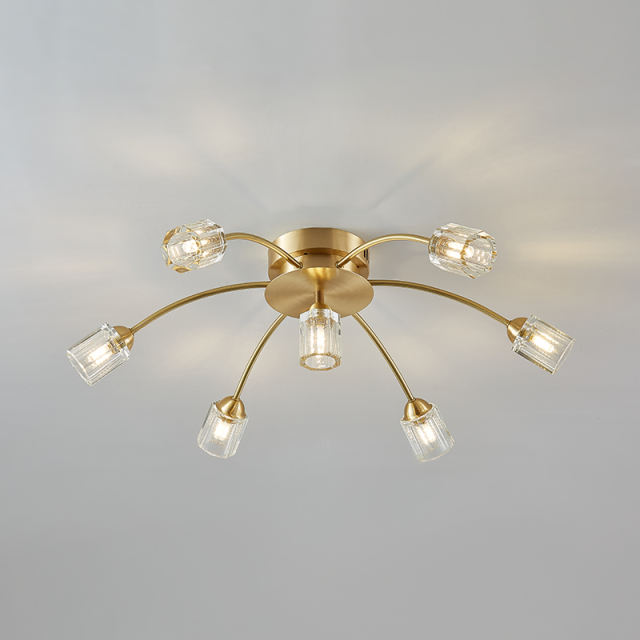 7-Light Modern Sputnik Brass Flush Mount Ceiling Light in Circle Round Crystal Shade