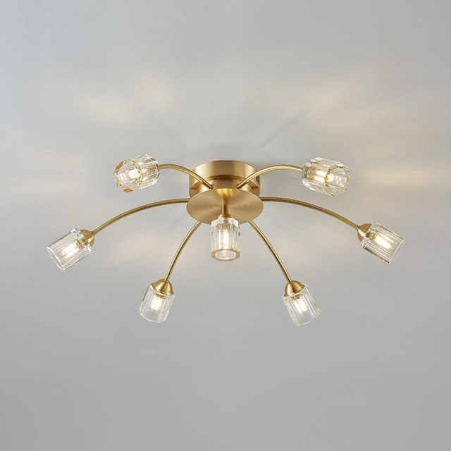 7-Light Modern Sputnik Brass Flush Mount Ceiling Light in Circle Round Crystal Shade