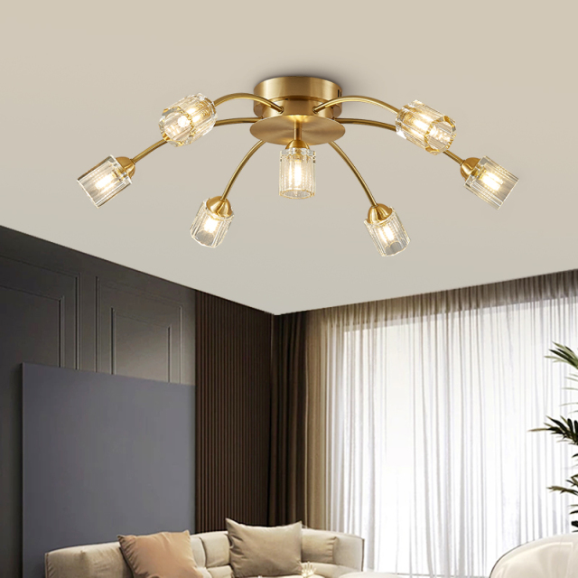 7-Light Modern Sputnik Brass Flush Mount Ceiling Light in Circle Round Crystal Shade