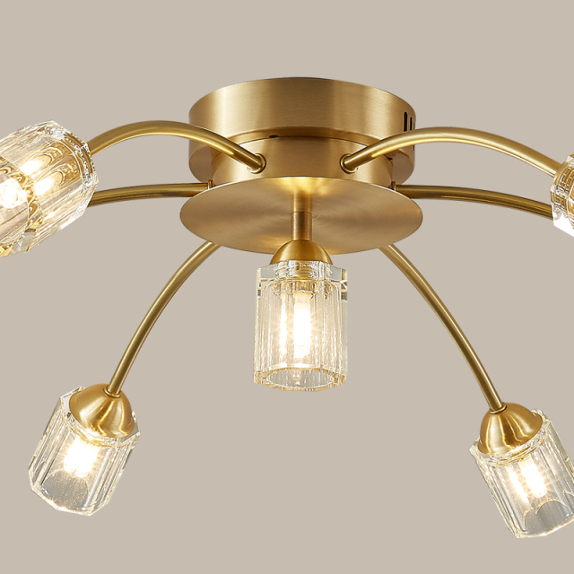 7-Light Modern Sputnik Brass Flush Mount Ceiling Light in Circle Round Crystal Shade