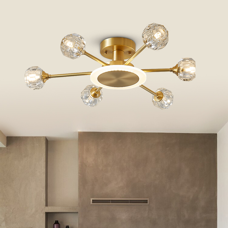 6-Light Contemporary Sputnik Flush Mount Ceiling Light with Round Crystal Shade in Brass