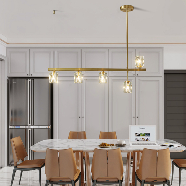 Mid-Century Modern 5-Light Linear Ceiling Light with Square Crystal Shade in Brass