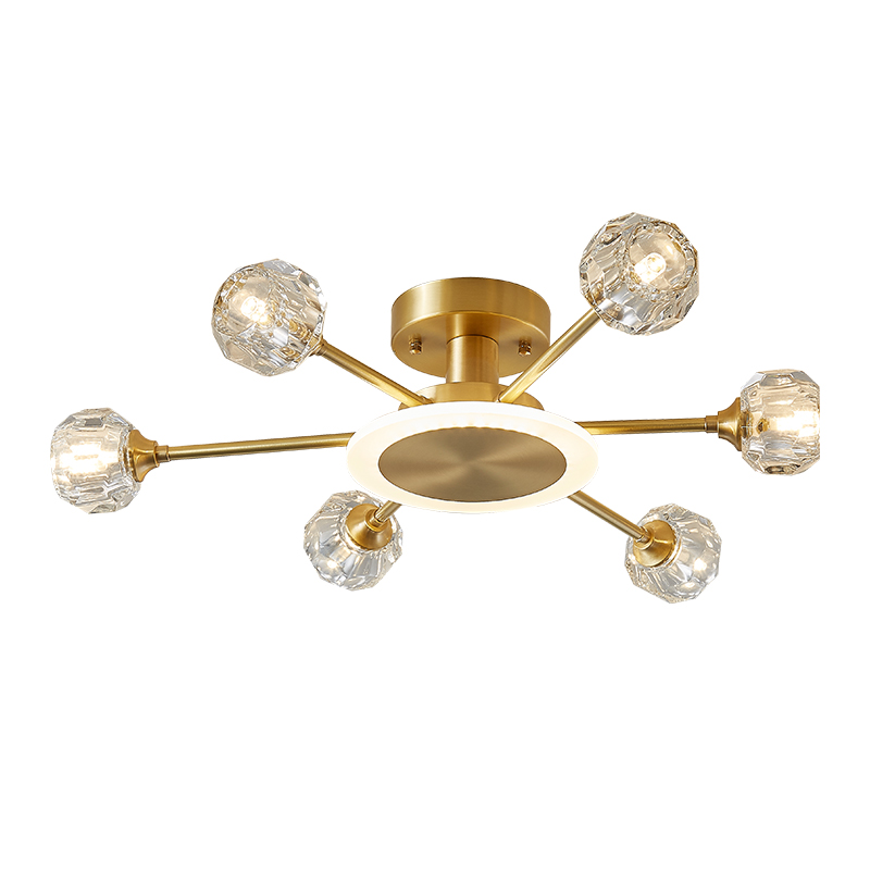 6-Light Contemporary Sputnik Flush Mount Ceiling Light with Round Crystal Shade in Brass