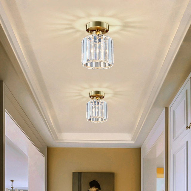 Modern Small Simple Clear Crystal Shade Cylinder Ceiling Light Flush Mount Fixture Single Light