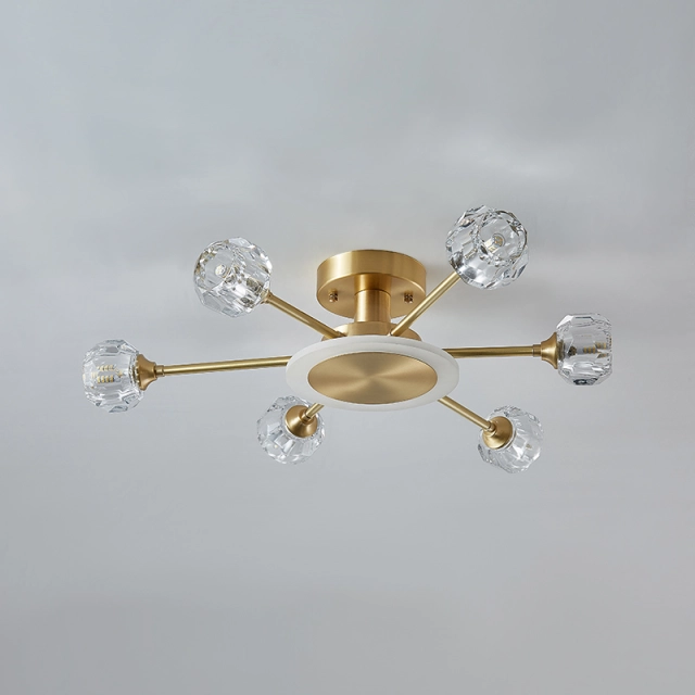 6-Light Contemporary Sputnik Flush Mount Ceiling Light with Round Crystal Shade in Brass