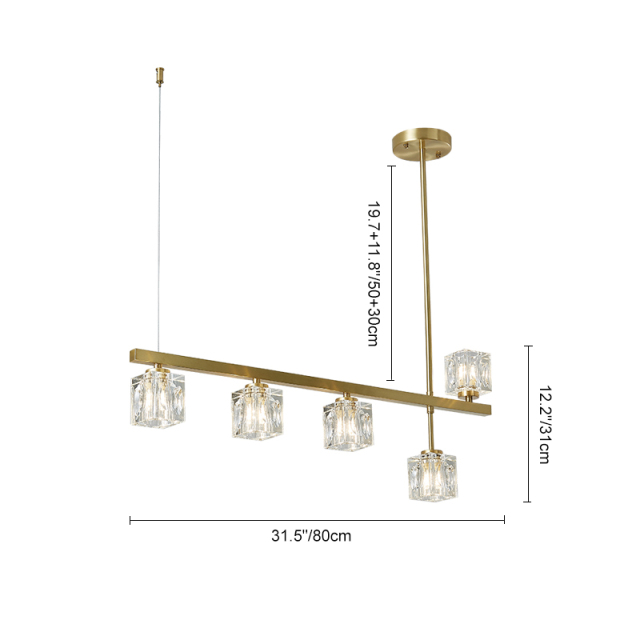 Mid-Century Modern 5-Light Linear Ceiling Light with Square Crystal Shade in Brass