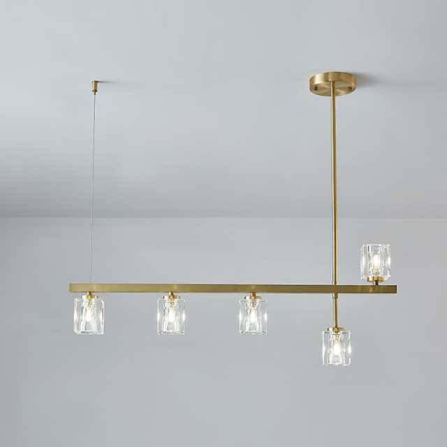 Mid-Century Modern 5-Light Linear Ceiling Light with Square Crystal Shade in Brass