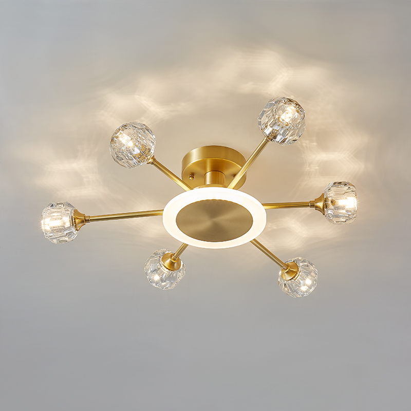 6-Light Contemporary Sputnik Flush Mount Ceiling Light with Round Crystal Shade in Brass
