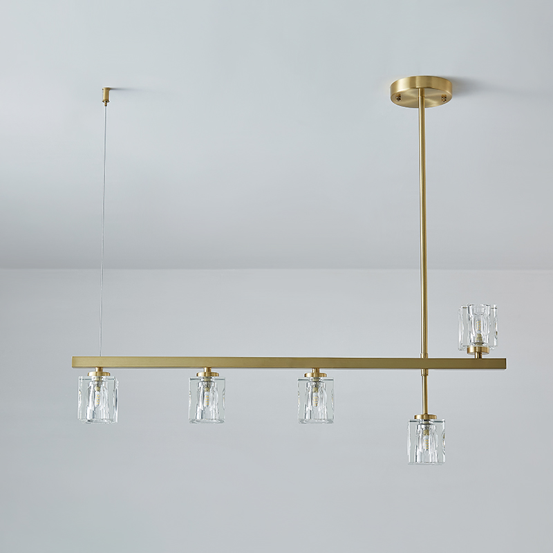 Mid-Century Modern 5-Light Linear Ceiling Light with Square Crystal Shade in Brass