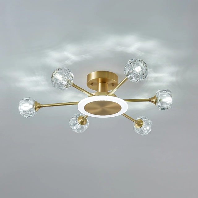 6-Light Contemporary Sputnik Flush Mount Ceiling Light with Round Crystal Shade in Brass