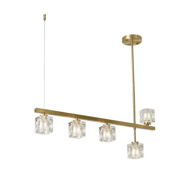 Mid-Century Modern 5-Light Linear Ceiling Light with Square Crystal Shade in Brass