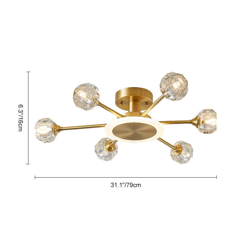 6-Light Contemporary Sputnik Flush Mount Ceiling Light with Round Crystal Shade in Brass