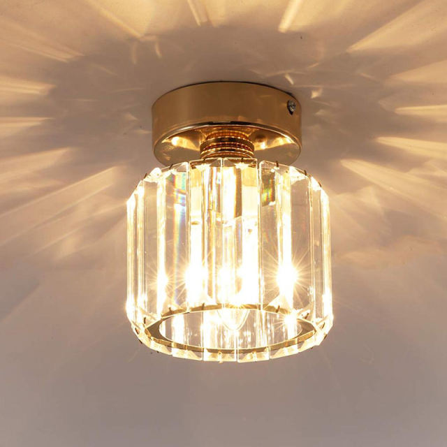 Modern Small Simple Clear Crystal Shade Cylinder Ceiling Light Flush Mount Fixture Single Light