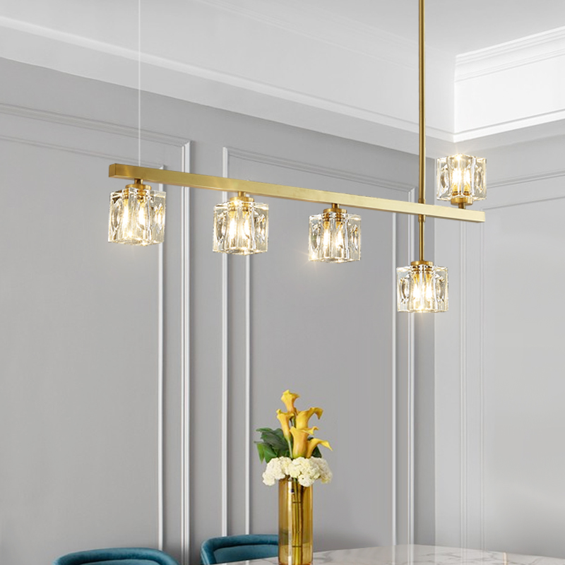 Mid-Century Modern 5-Light Linear Ceiling Light with Square Crystal Shade in Brass