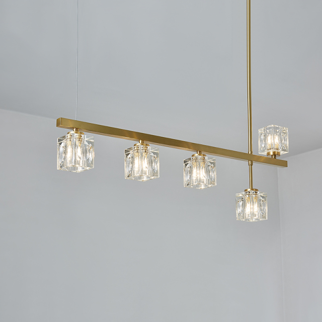Mid-Century Modern 5-Light Linear Ceiling Light with Square Crystal Shade in Brass