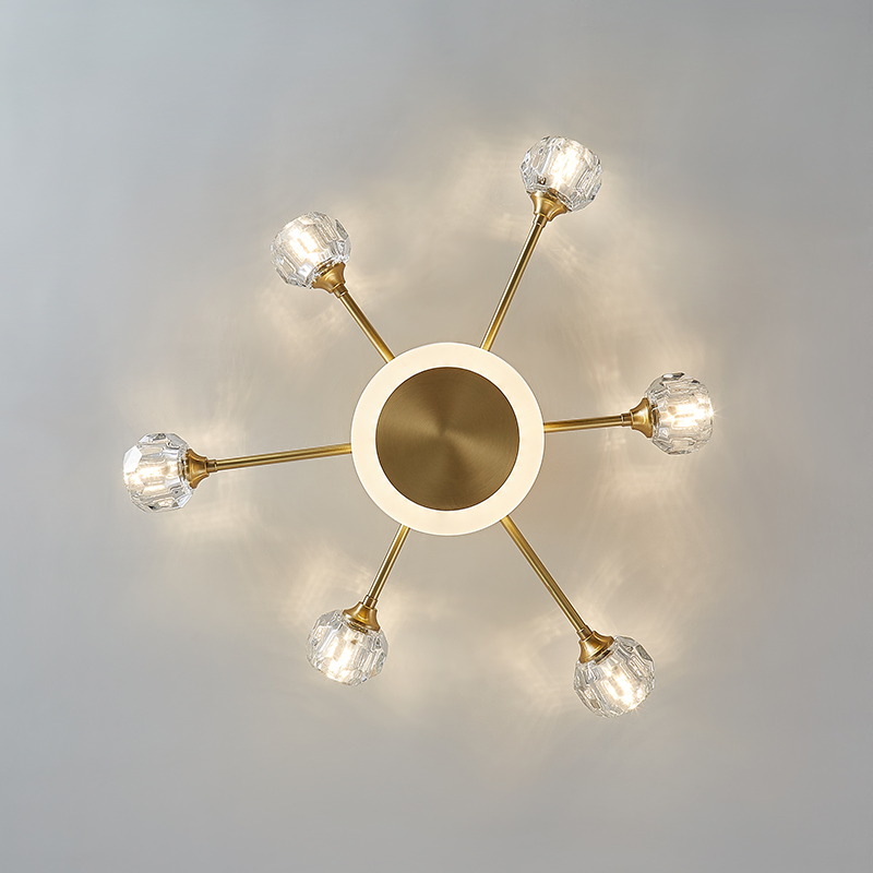 6-Light Contemporary Sputnik Flush Mount Ceiling Light with Round Crystal Shade in Brass