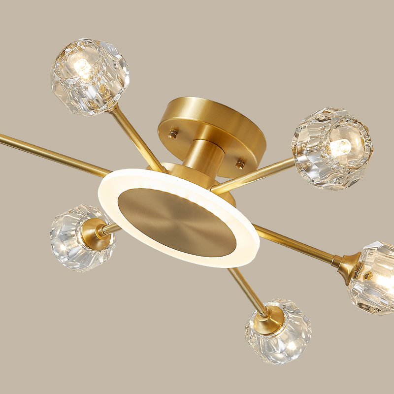 6-Light Contemporary Sputnik Flush Mount Ceiling Light with Round Crystal Shade in Brass