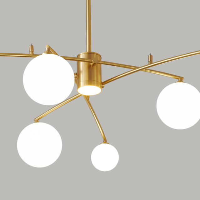 Mid-century 6-Light Brass Muti Chandelier Decorative Light with Opal Globes for Dining Room Restaurant