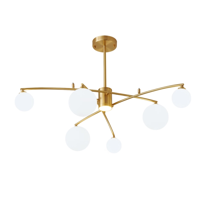 Mid-century 6-Light Brass Muti Chandelier Decorative Light with Opal Globes for Dining Room Restaurant