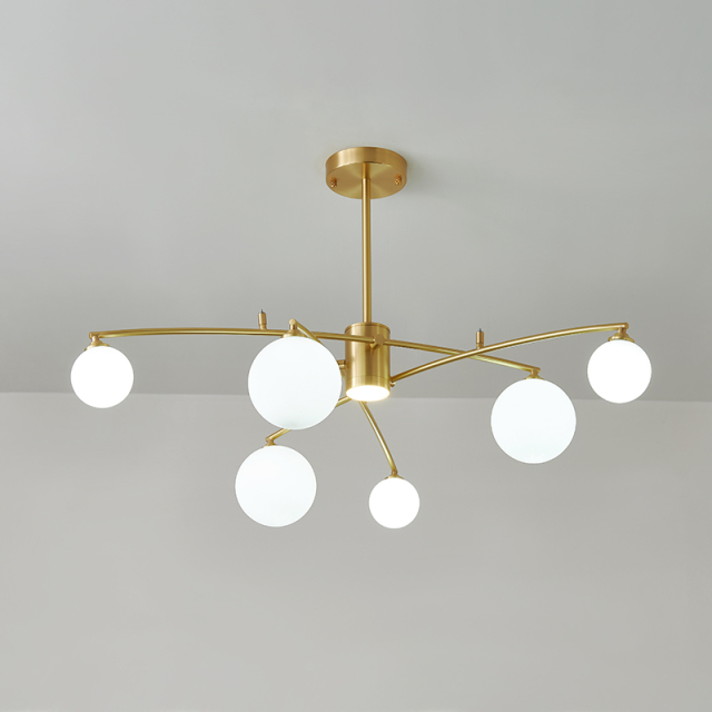 Mid-century 6-Light Brass Muti Chandelier Decorative Light with Opal Globes for Dining Room Restaurant