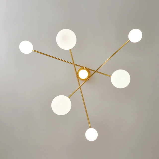 Mid-century 6-Light Brass Muti Chandelier Decorative Light with Opal Globes for Dining Room Restaurant