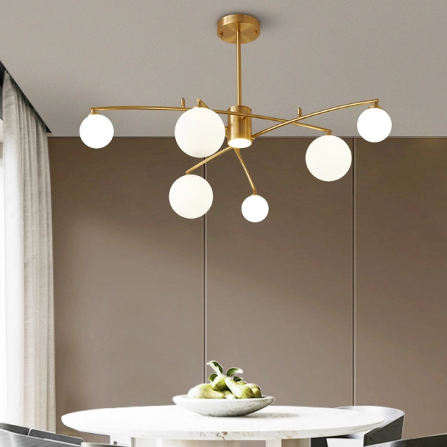 Mid-century 6-Light Brass Muti Chandelier Decorative Light with Opal Globes for Dining Room Restaurant