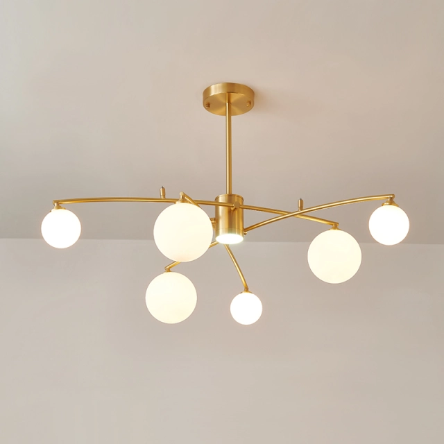 Mid-century 6-Light Brass Muti Chandelier Decorative Light with Opal Globes for Dining Room Restaurant