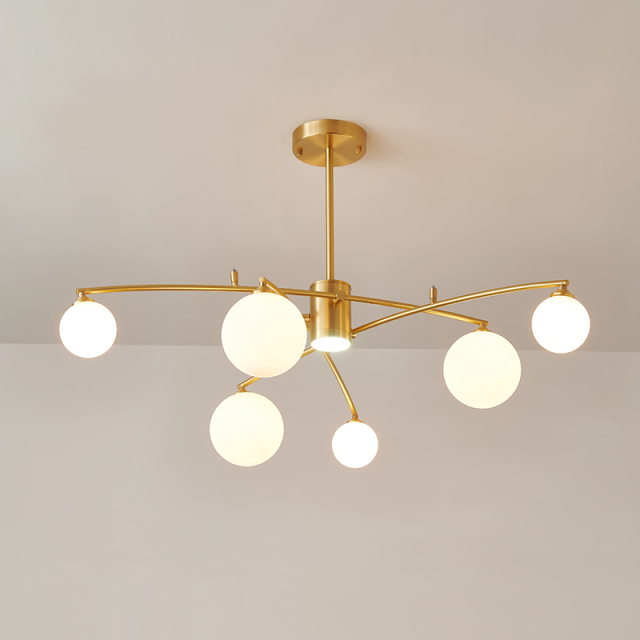 Mid-century 6-Light Brass Muti Chandelier Decorative Light with Opal Globes for Dining Room Restaurant