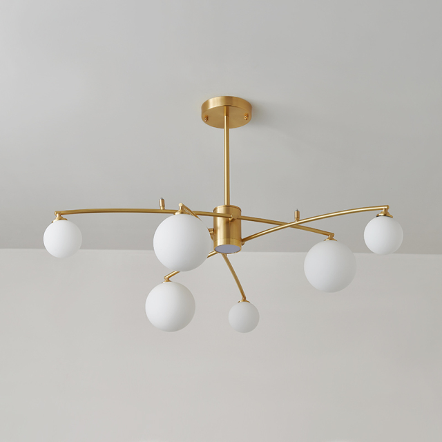 Mid-century 6-Light Brass Muti Chandelier Decorative Light with Opal Globes for Dining Room Restaurant