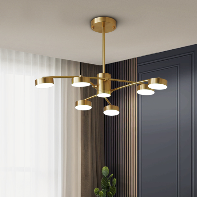 6 Light Modern Sputnik Arms Chandelier in Brass for Living Room Dining Room