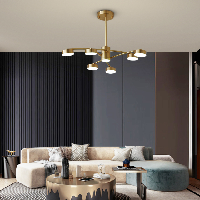 6 Light Modern Sputnik Arms Chandelier in Brass for Living Room Dining Room