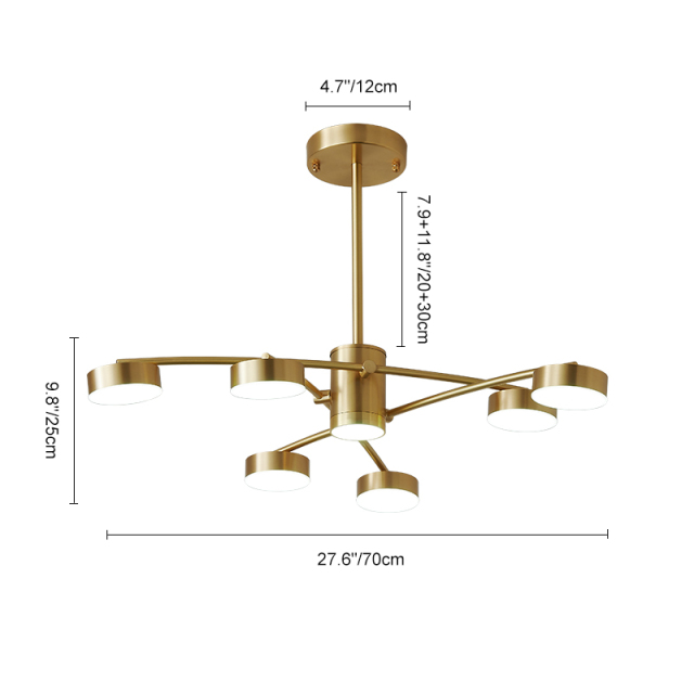 6 Light Modern Sputnik Arms Chandelier in Brass for Living Room Dining Room