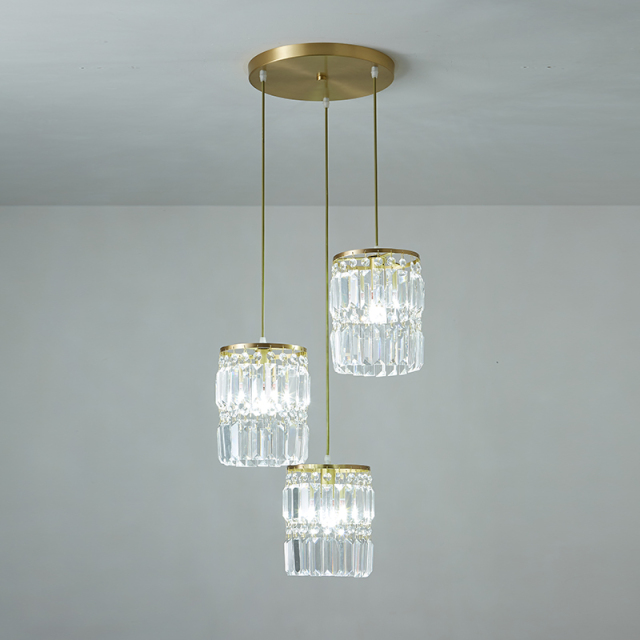 3-Light Modern Clear Crystal Cylinder Shade Multi Light Pendant Lighting in Round Canopy