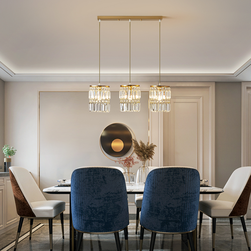 Modern 3-Light Rectangle Canopy Pendant Lighting Multi-Light with Clear Crystal Cylinder Shade for Kitchen Island Counter Bar Dining Table