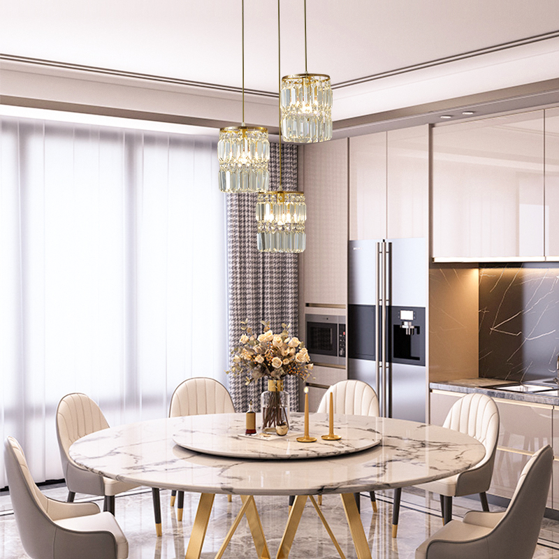 3-Light Modern Clear Crystal Cylinder Shade Multi Light Pendant Lighting in Round Canopy
