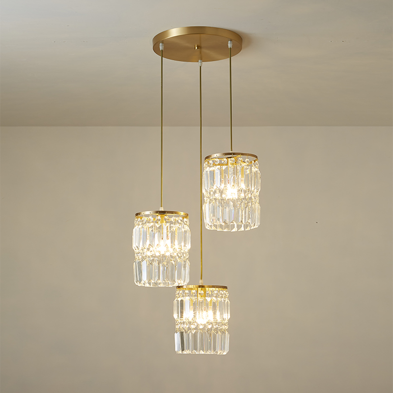 3-Light Modern Clear Crystal Cylinder Shade Multi Light Pendant Lighting in Round Canopy